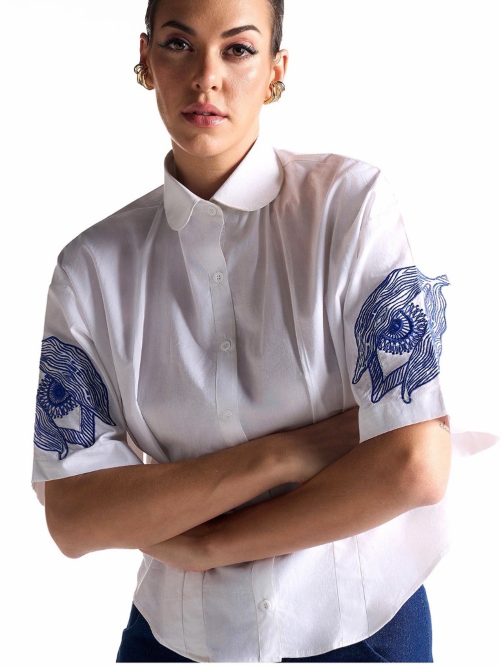 White Poplin Short-Sleeve Button-Up Shirt with Sleeve Embroidery